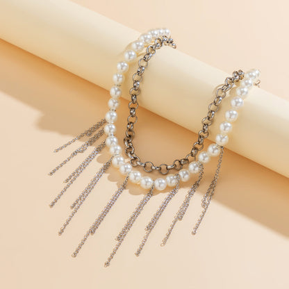 Pearl Tassel Fun Design Double-layer Retro Necklace Women&