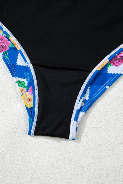 Floral Gingham Halter Neck Drawstring One Piece Swimwear