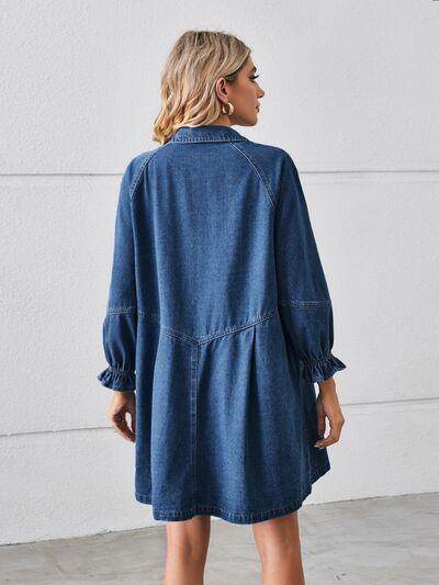 Button Up Flounce Sleeve Mini Denim Dress for Women