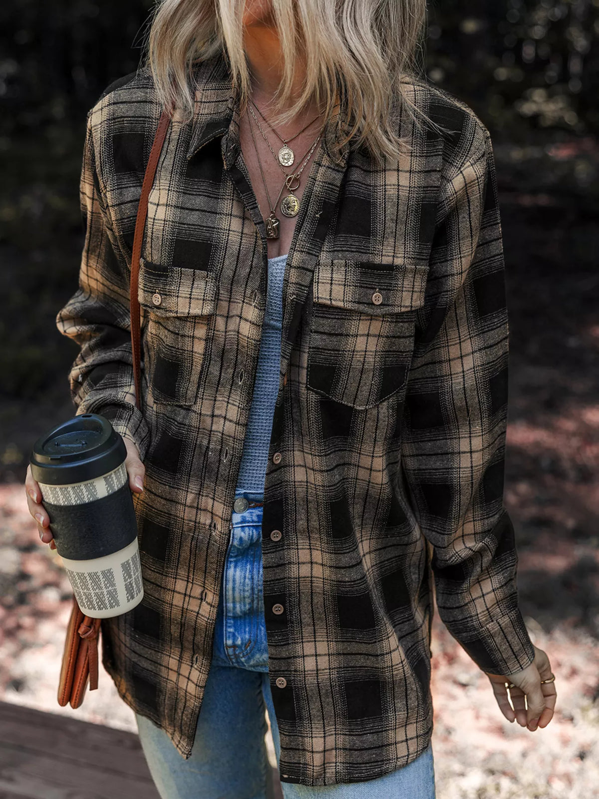 Plaid Double Flap Pocket Brushed Shacket