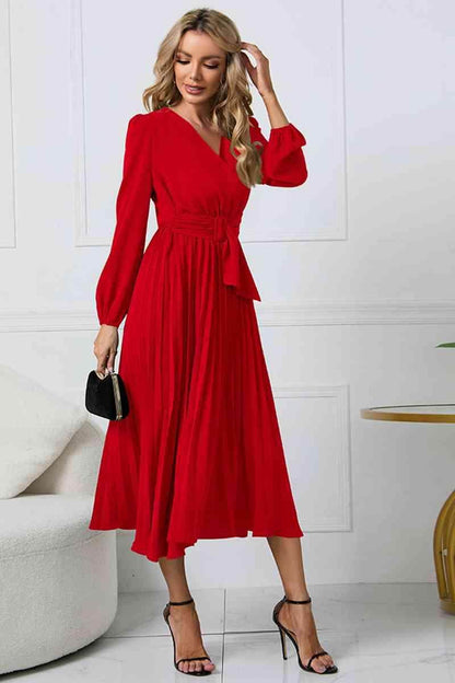 V-Neck Long Sleeve Tie Waist Midi Dress for Women