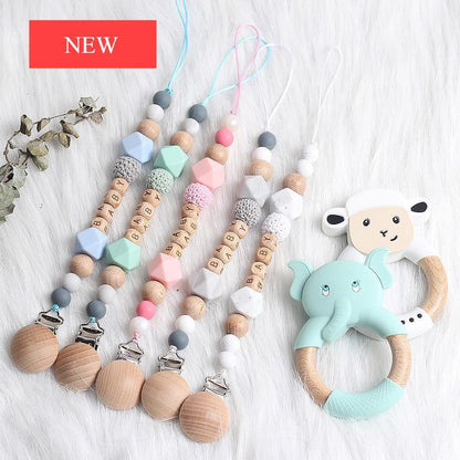 Modern Luxury Pacifier Clip Chain Beech Beads Silicone Elephant Pendant Baby Teething Nursing Clips Chain For Baby