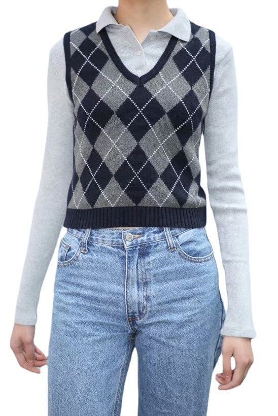 Retro Preppy Style Versatile Diamond-Check BM Knitted Vest