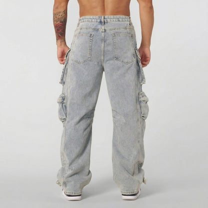 Mens Retro-style Loose-fit Washed Straight-leg Denim Jeans With Multiple Pockets