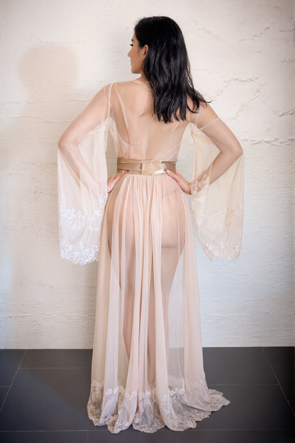 Luxury Champagne Sheer Tulle &amp; Satin Robe Dress with Lace Bell Sleeves