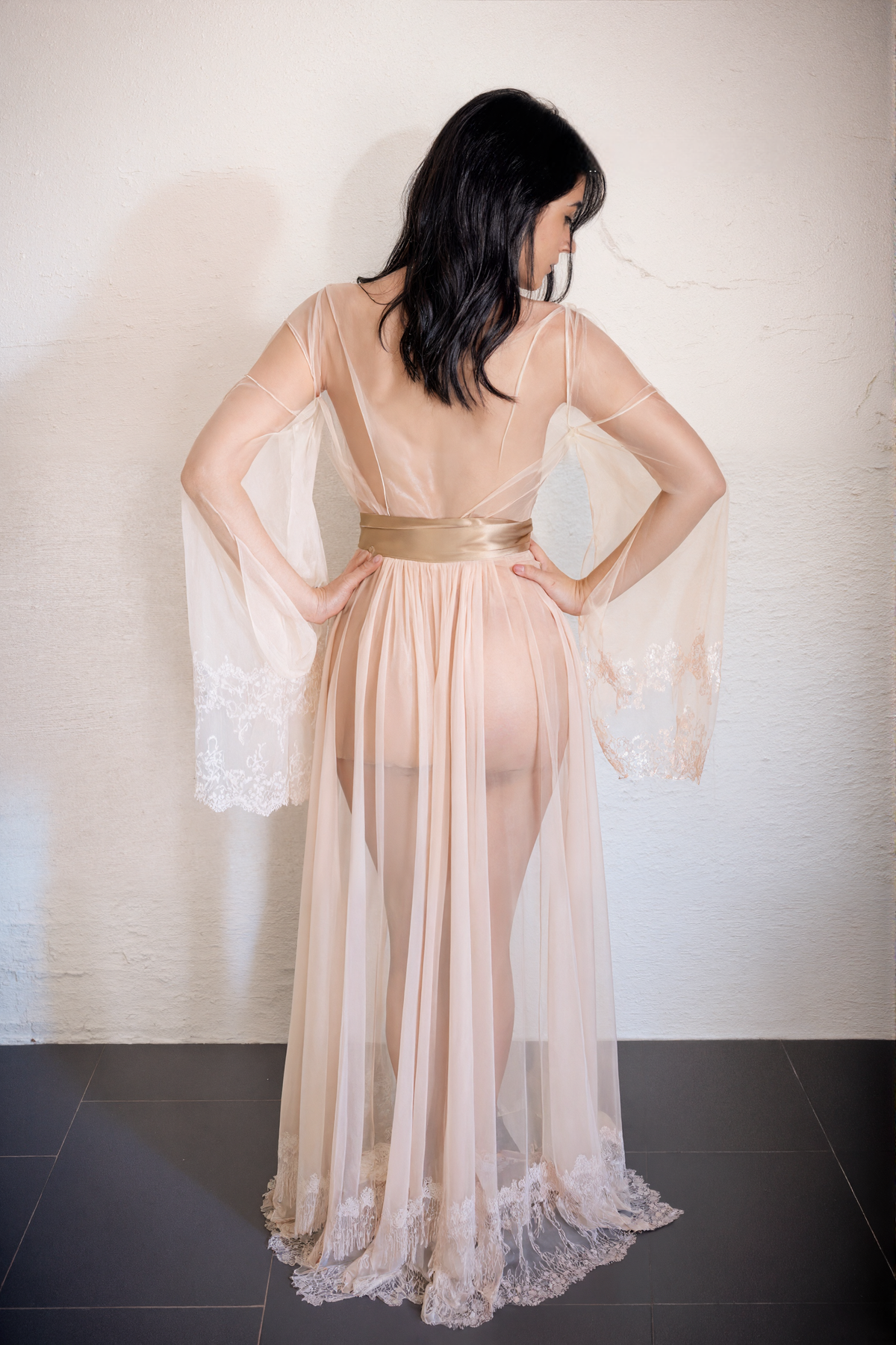 Luxury Champagne Sheer Tulle &amp; Satin Robe Dress with Lace Bell Sleeves