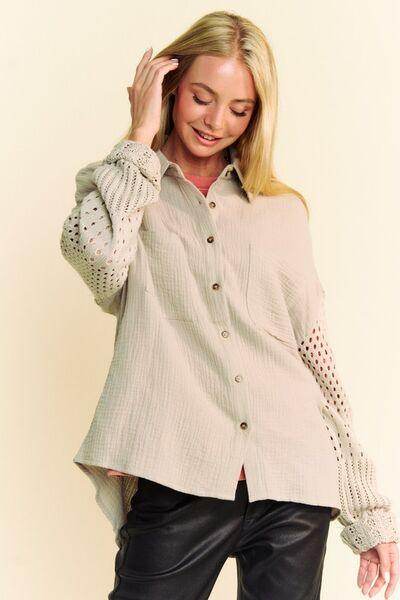 Davi &amp; Dani Crochet Sleeve Crinkled Texture Shirt for Women