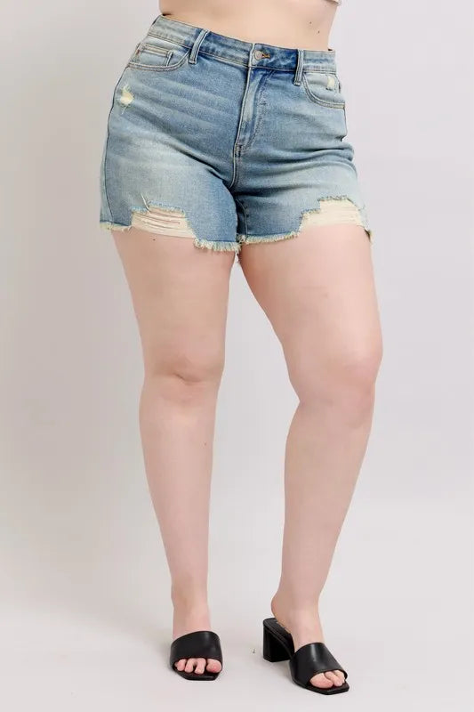Judy Blue Full Size High Rise Washed Fly Stitch Detail and Destroy Denim Shorts Plus Size