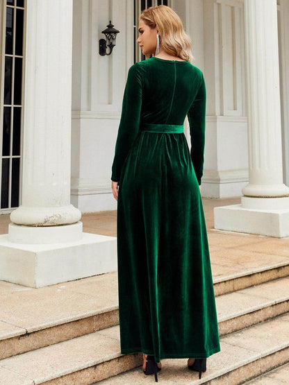 Tie Front Round Neck Long Sleeve Maxi Dress for Women