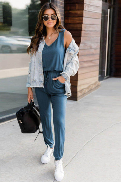 Drawstring Round Neck Sleeveless Jumpsuit for Women