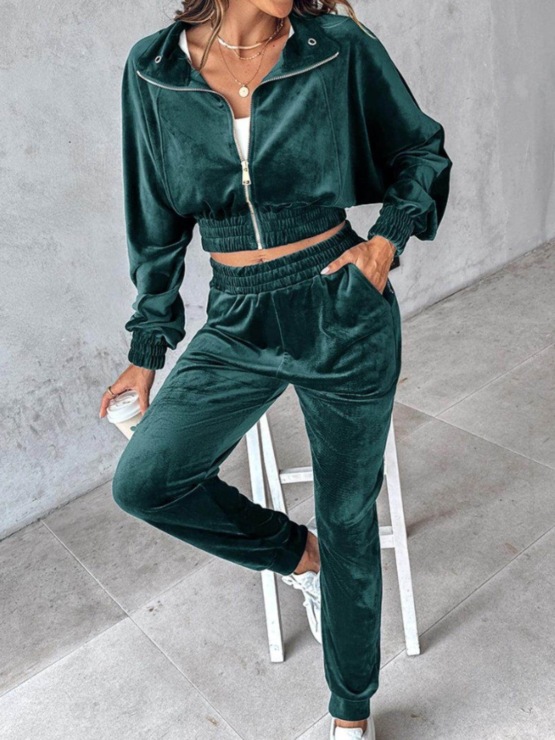 Zip Up Long Sleeve Cropped Top and Joggers Set for Women