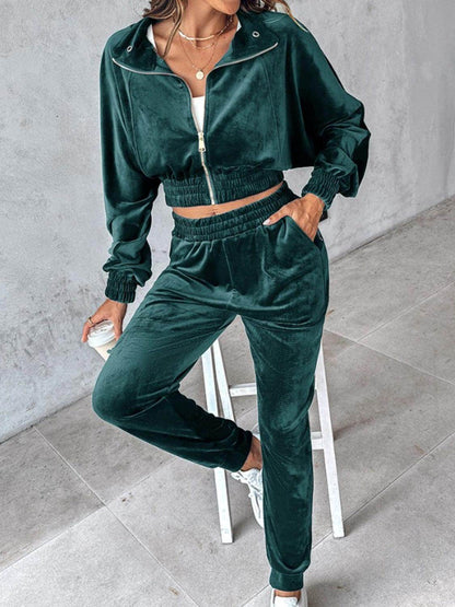 Zip Up Long Sleeve Cropped Top and Joggers Set for Women