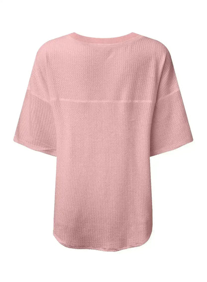 White Waffle Texture V Neck Drop Shoulder Loose Tee