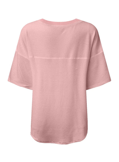 White Waffle Texture V Neck Drop Shoulder Loose Tee