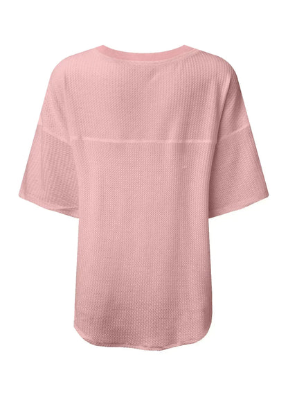 White Waffle Texture V Neck Drop Shoulder Loose Tee