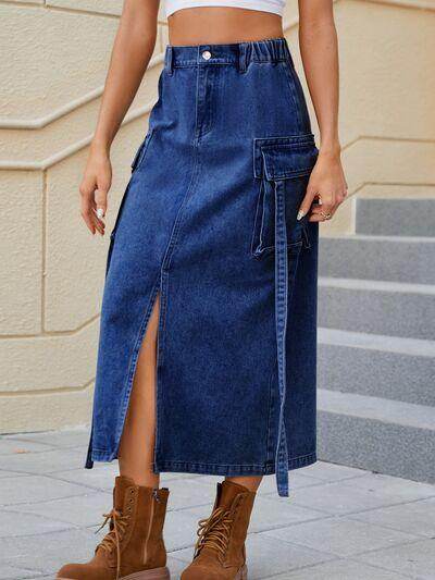 Slit Pocketed High Waist Denim Skirt for Women