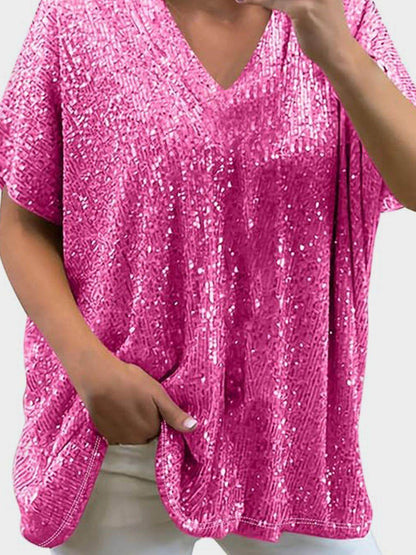Full Size Sequin V-Neck Short Sleeve Top for Women