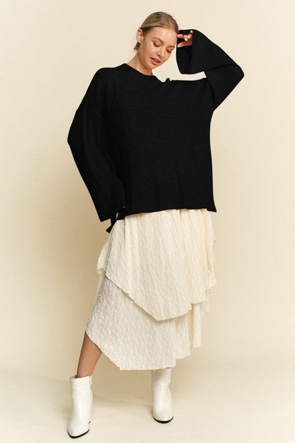Back To School Sweater - Davi &amp; Dani High-Low Round Neck Drop Shoulder Sweater