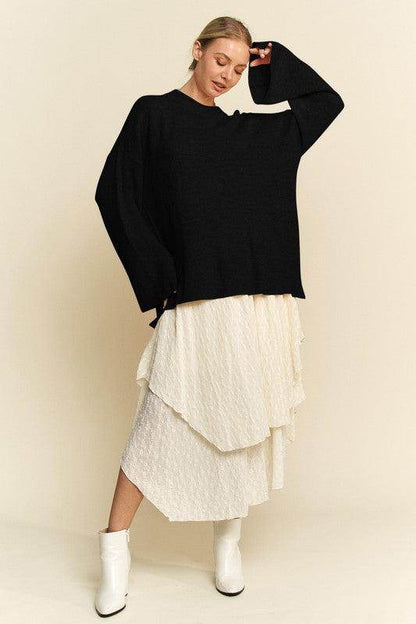 Davi &amp; Dani High-Low Round Neck Drop Shoulder Sweater