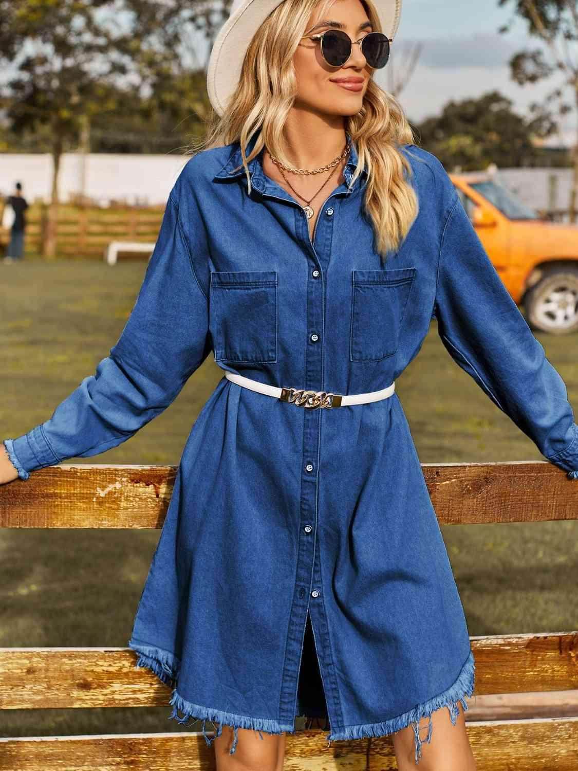 Button Up Collared Neck Raw Hem Denim Dress for Women
