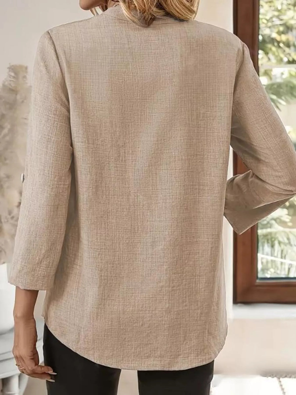 Roll-Up Sleeve Notched Blouse