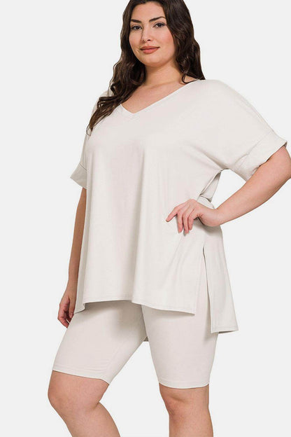 Zenana Full Size V-Neck Slit T-Shirt and Shorts Set