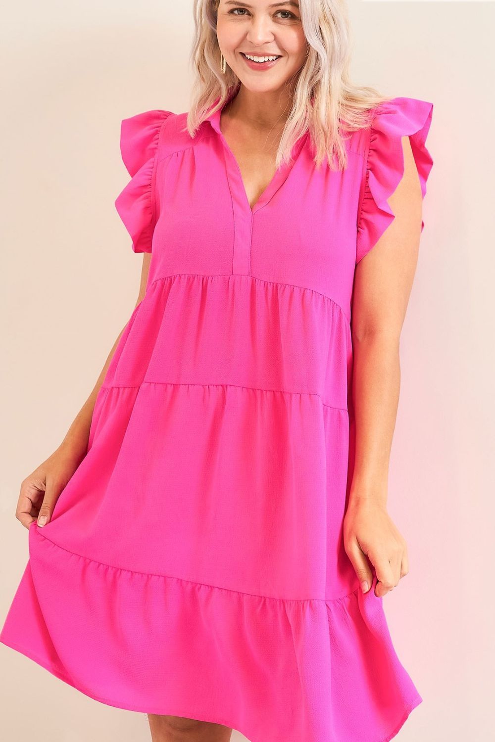 Pink Full Size Ruffle Cap Sleeve Dress Plus Size Elegant &amp; Timeless Classic Design Dress