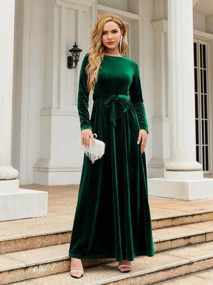 Tie Front Round Neck Long Sleeve Maxi Dress for Women