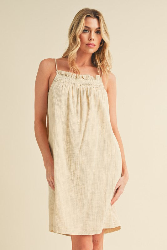 Embroidered Trim Gauze Square Neck Mini Cami Dress For Women – Feminine, Elegant &amp; Stylish with Delicate Details
