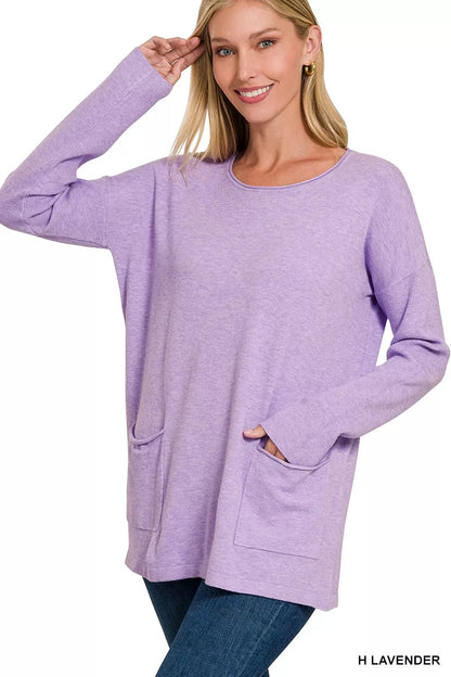Zenana Viscose Long Sleeve Front Pockets Sweater