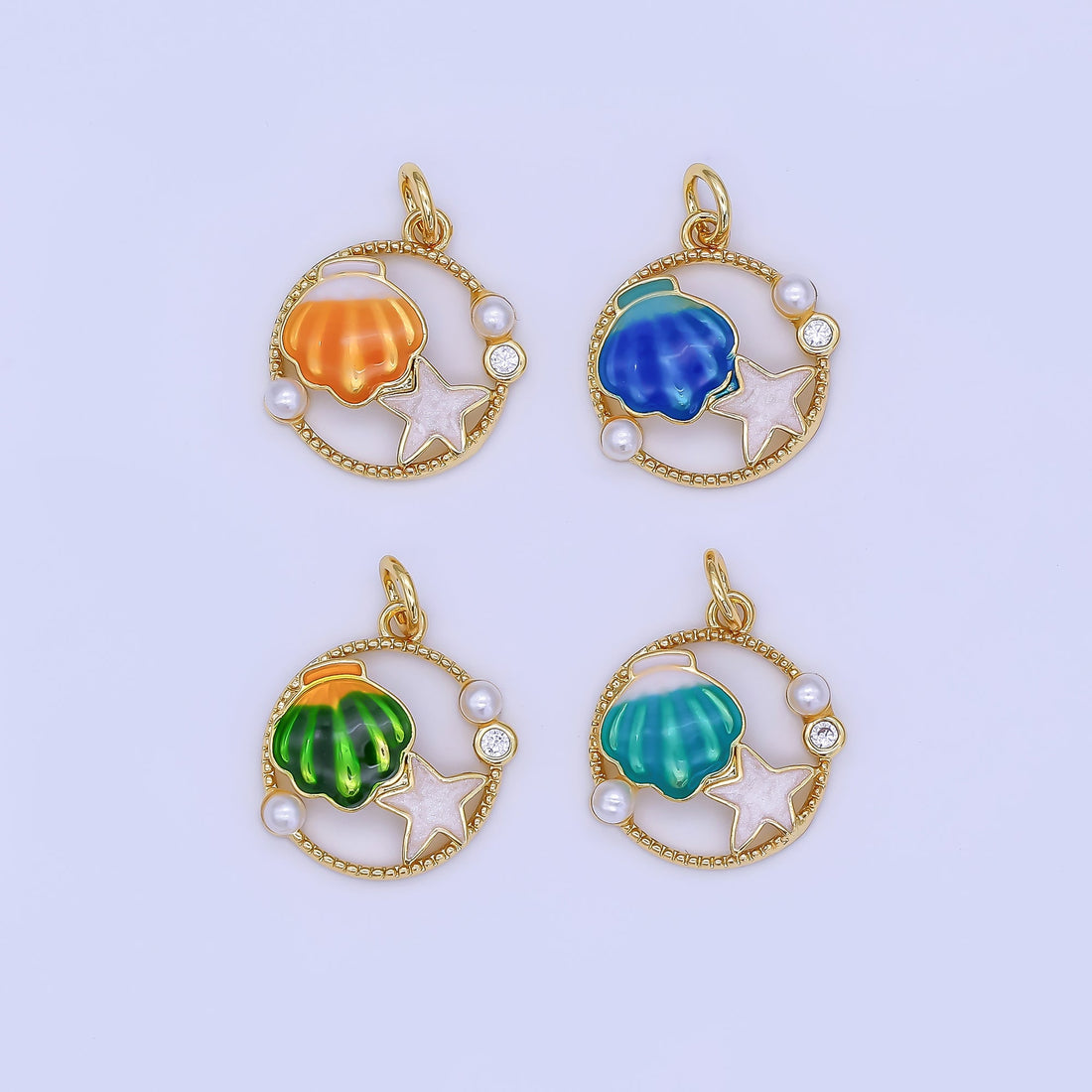 24K Gold Filled Orange, Teal, Blue, Green Sea Clam Shell Starfish Open Round Charm | AF508 AF509