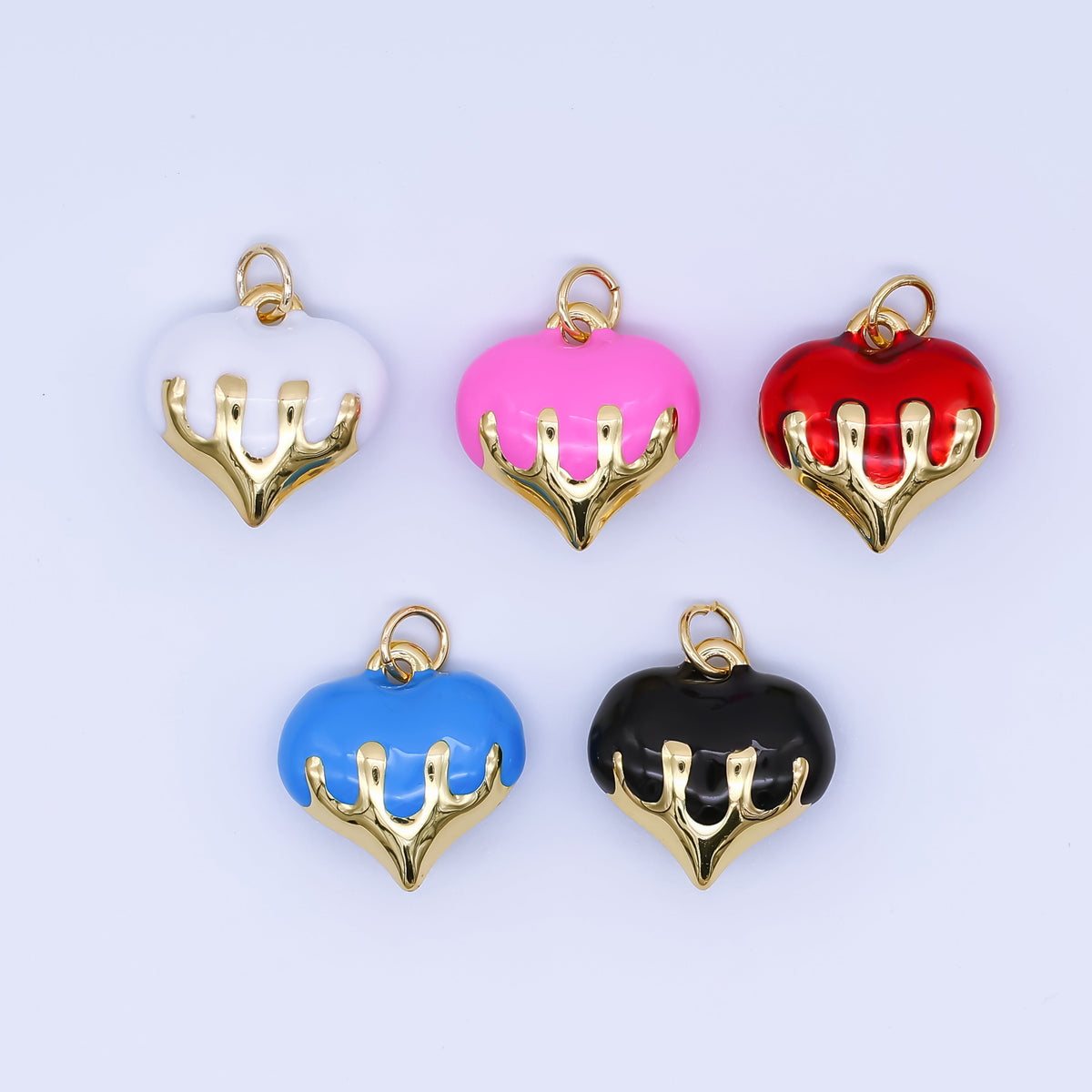 24K Gold Filled 16mm Blue, White, Pink, Red, Black Molten Drip Heart Multidimensional 3D Charm | AJ426 - AJ428