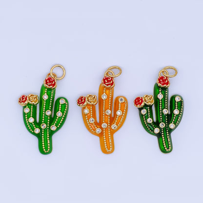 24K Gold Filled 27mm Clear CZ Dotted Enamel Red Flower Cactus Plant Charm | AJ433 AJ434
