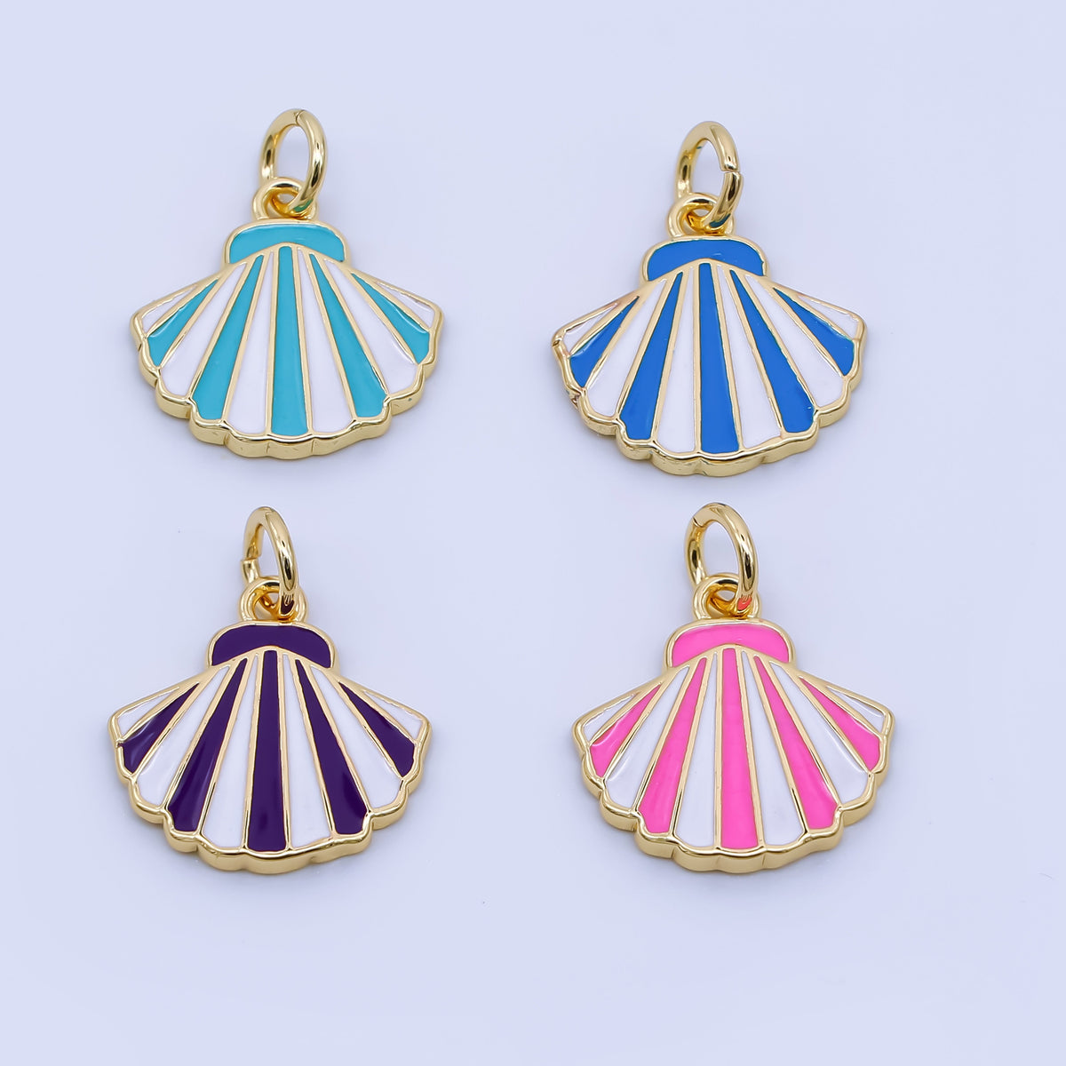 24K Gold Filled 14mm Blue, Purple, Pink, Light Blue Striped Enamel Sea Shell Charm | AJ429 - AJ430