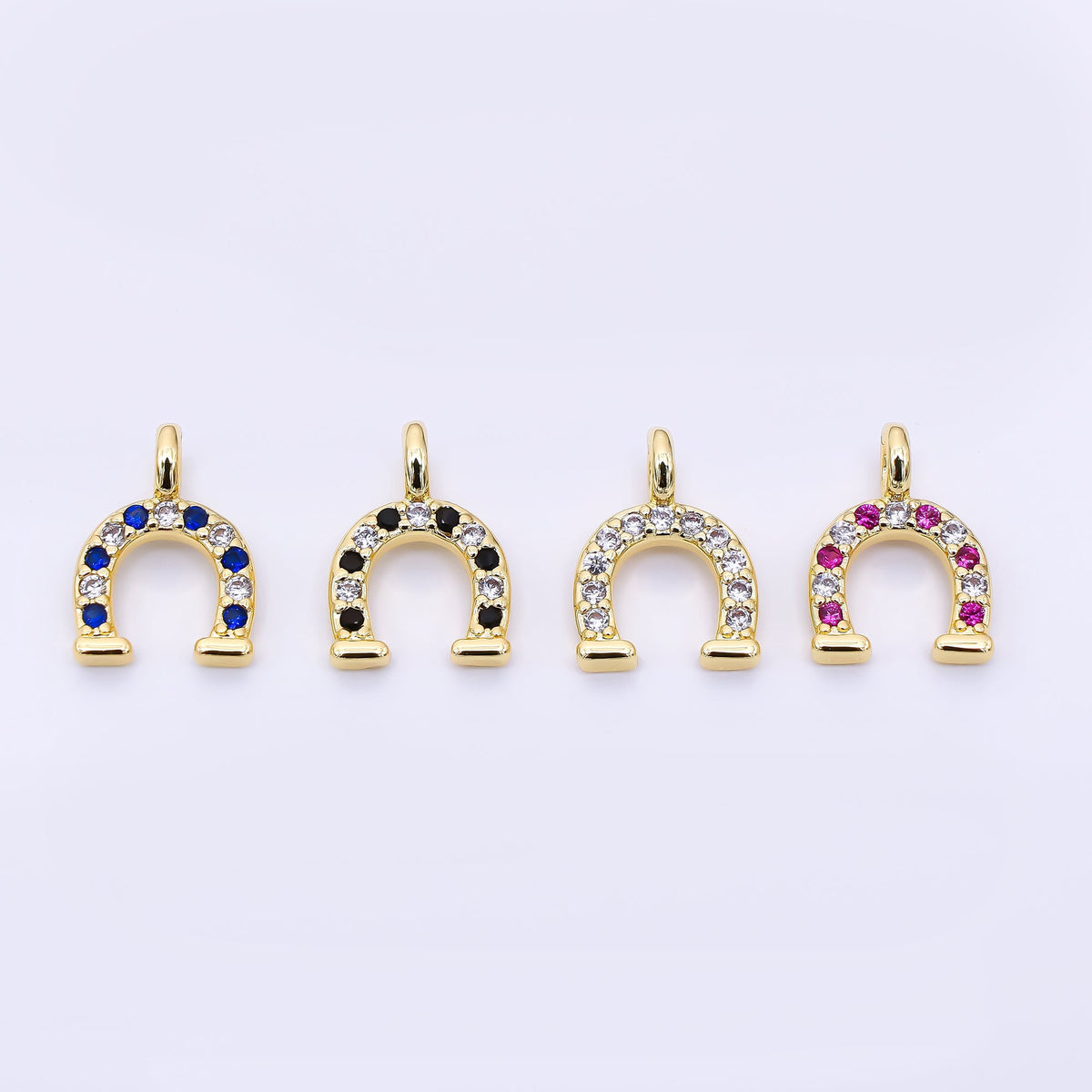 24K Gold Filled 12mm Black, Clear, Blue, Red Micro Paved CZ Horseshoe Mini Charm | AH557 - AH558