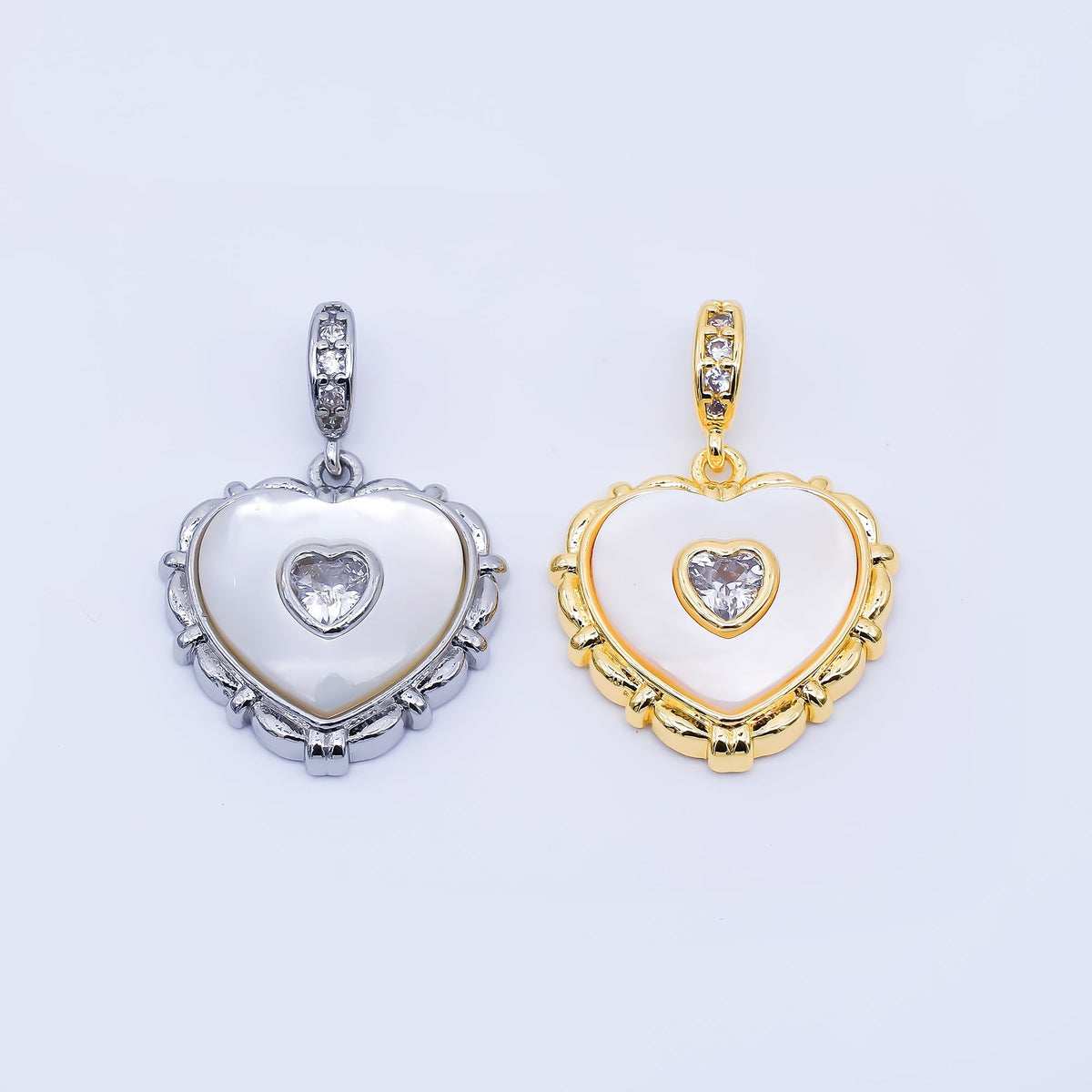 24K Gold Filled 18mm Clear Micro Paved CZ Shell Pearl Bezel Heart Pendant in Gold &amp; Silver | AA1682