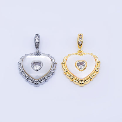 24K Gold Filled 18mm Clear Micro Paved CZ Shell Pearl Bezel Heart Pendant in Gold &amp; Silver | AA1682