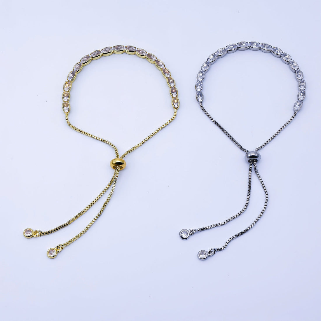 24K Gold Filled Oval CZ Tennis Chain Bolo Slide Adjustable Bracelet in Gold &amp; Silver | WA-03902 WA-03903