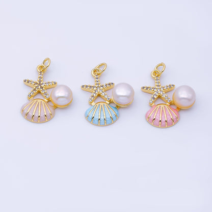 24K Gold Filled 23mm White, Pink, Blue Micro Paved CZ Shell Pearl Starfish Clam Seashell Charm | AF1588 AF1589