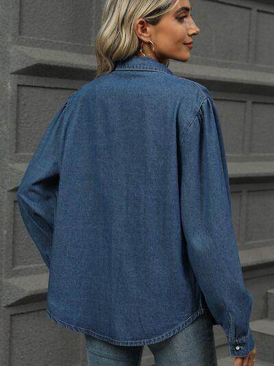 Button Down Collared Neck Long Sleeve Denim Top for Women