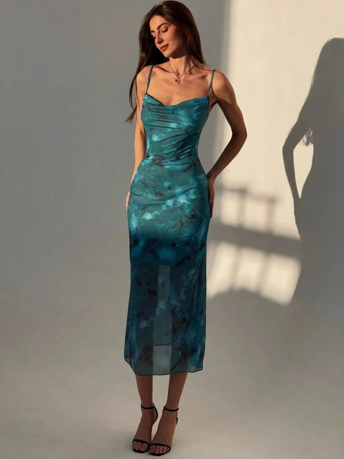 Ruched Spaghetti Strap Midi Dress
