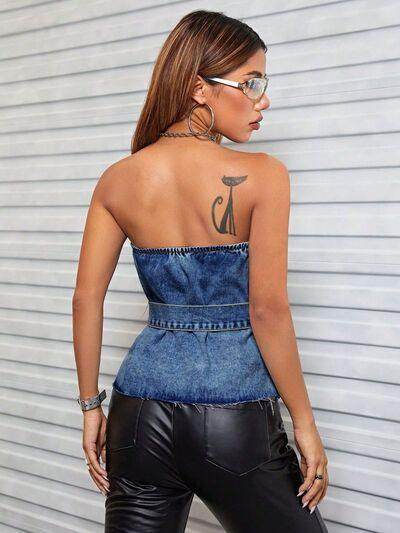 Buttoned Raw Hem Tube Denim Top for Stylish Comfort