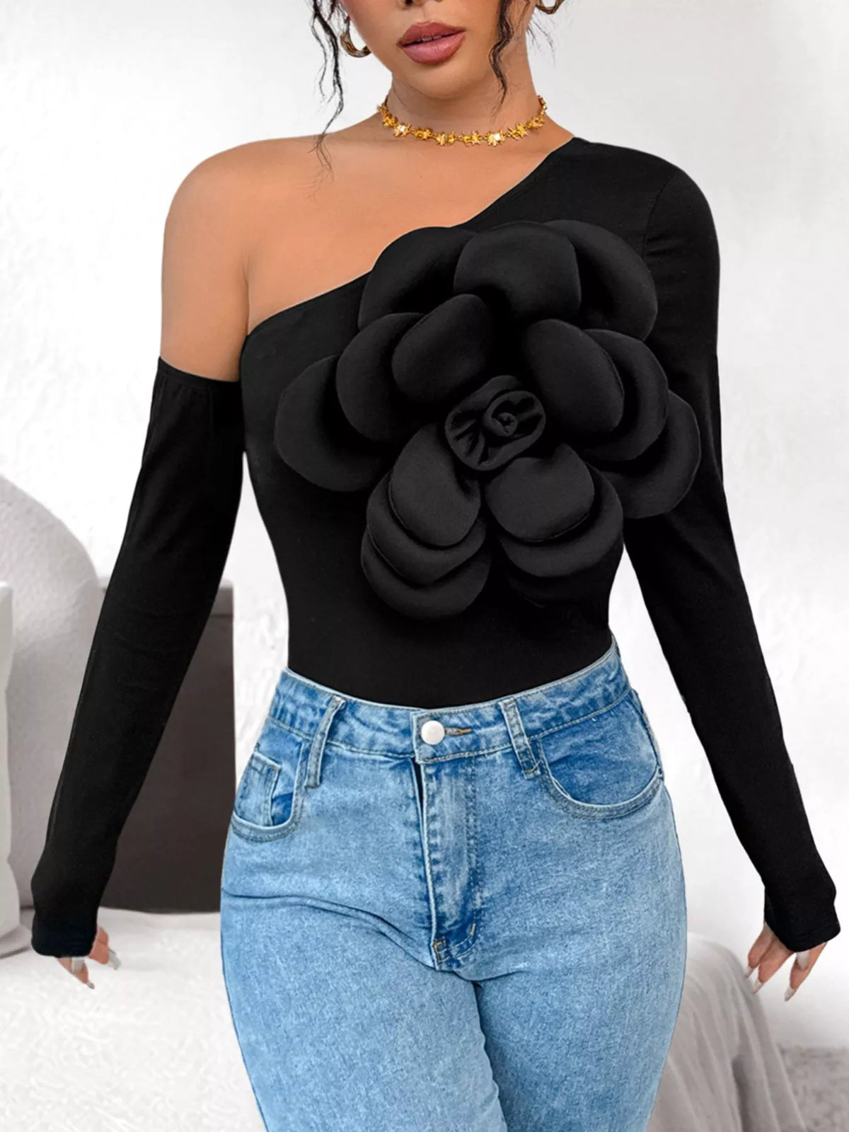 Flower Long Sleeve Single Shoulder Bodysuit
