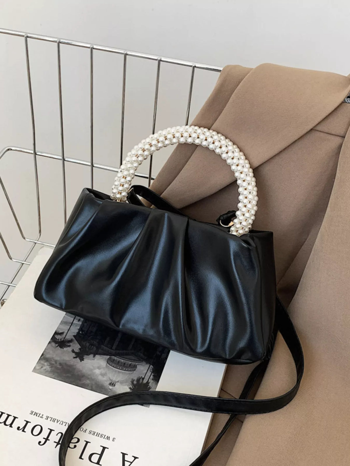 Pearl Handle Ruched Crossbody Bag