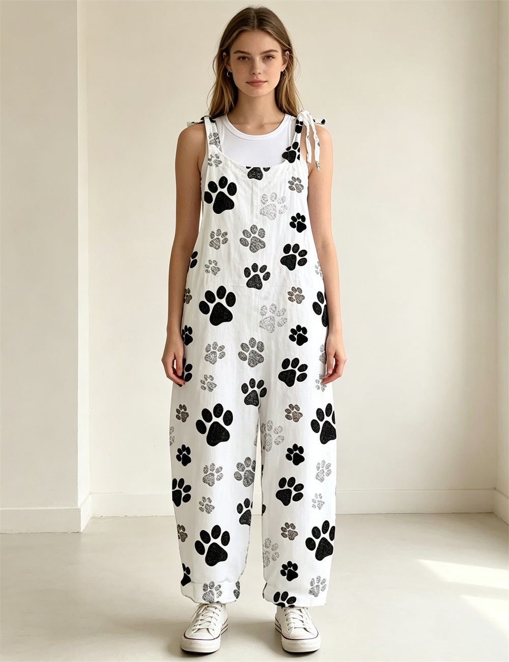 Women White Plaid Bow Print Tie Strap Overalls, Loose Wide Leg Rolled Cuff Casual Jumpsuit With Pockets
