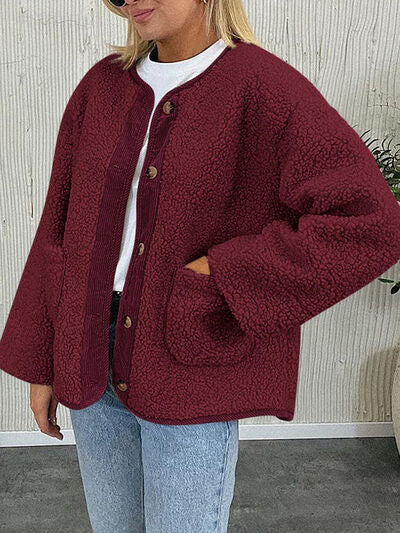 Modern Cozy Women Luxuriously Cozy Contrast Button Up Sherpa Jacket with Pockets For Fall &amp; Winter