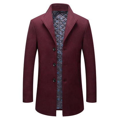 Stand-collar Cotton-lined Wrinkle-resistant Mid-length Wool Coat