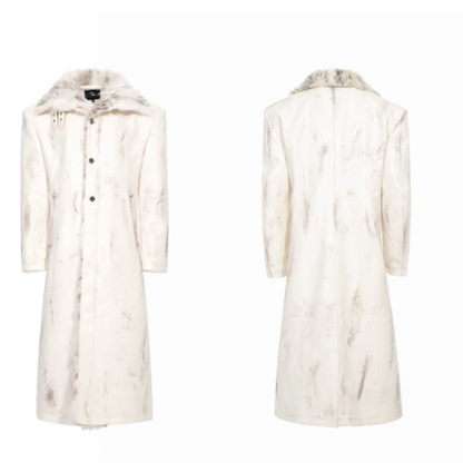 Hand-painted Distressed Long Leather Coat For Men