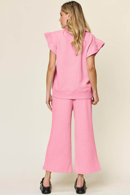 Double Take Texture Ruffle Short Sleeve Top and Pants Set