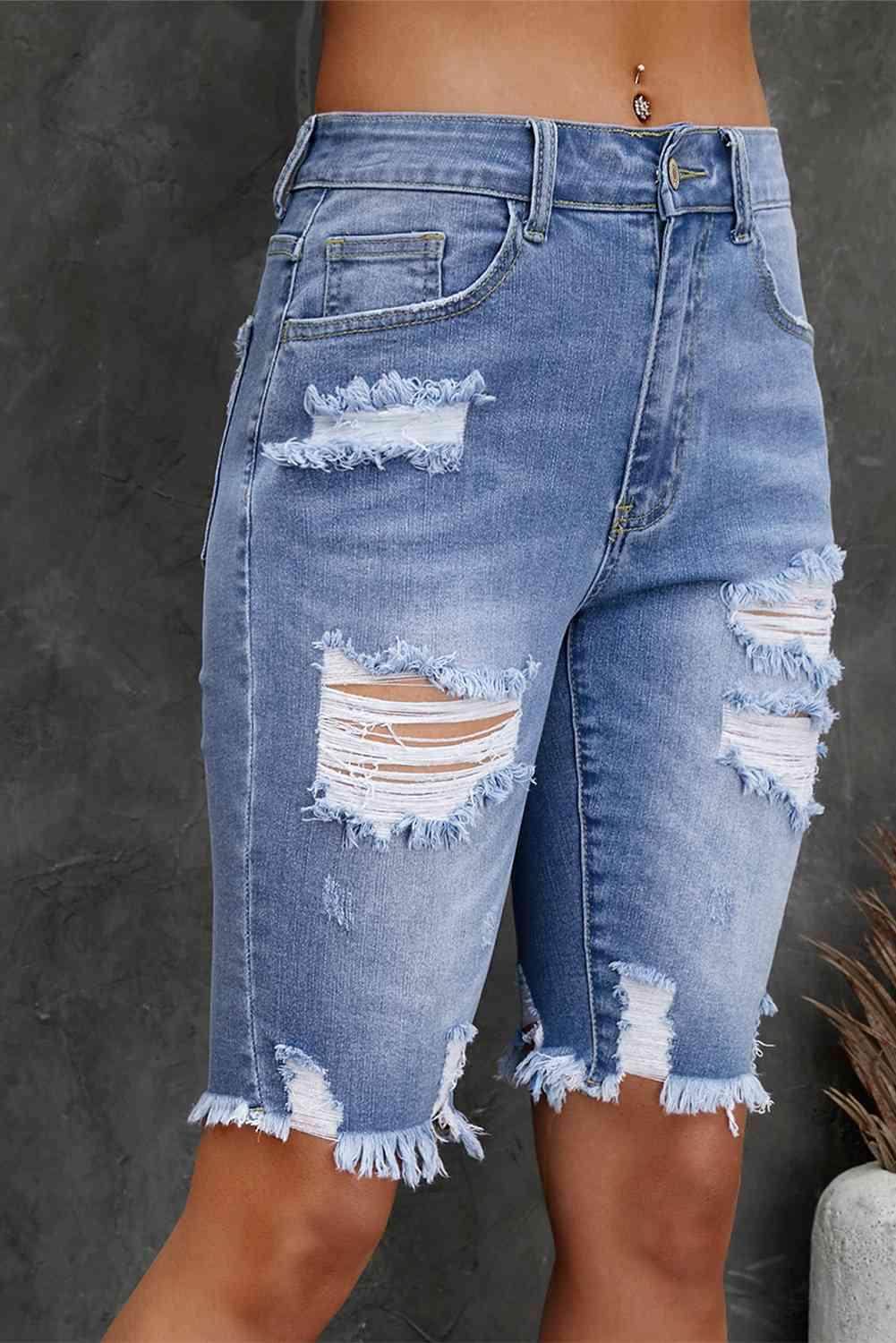 Distressed Frayed Hem Denim Bermuda Shorts for Women